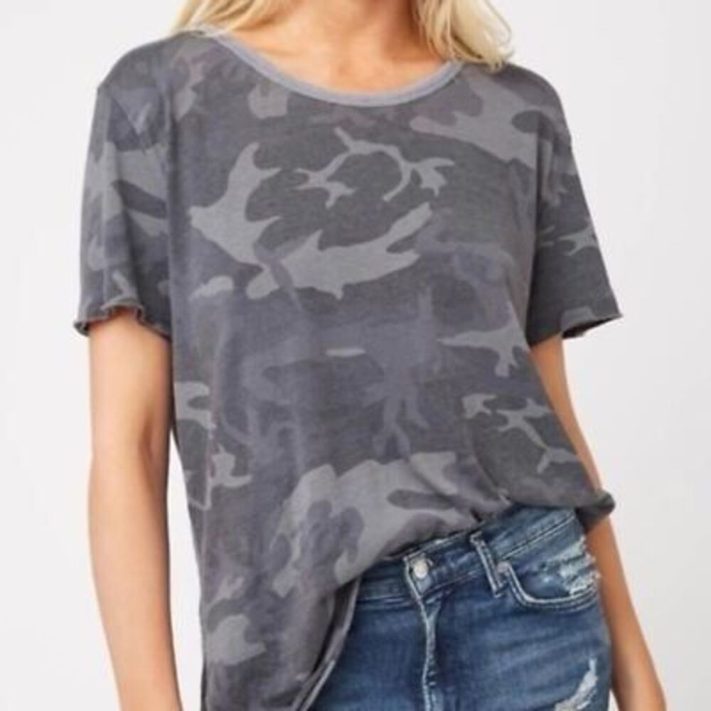 We The Free People Semi Sheer Army Camouflage Distressed Hi Lo Tee T-Shirt XS